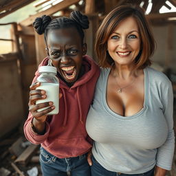 In a rundown abandoned shack, a 19-year-old African woman with very dark skin appears malevolent and malnourished while holding a baby bottle filled with milk