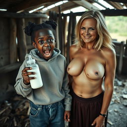 In an abandoned, impoverished shack, an intense scene takes shape featuring a 19-year-old malnourished African woman with very dark skin
