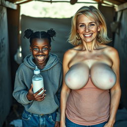 In an abandoned, impoverished shack, a vivid scene unfolds featuring a malnourished 19-year-old African woman with very dark skin