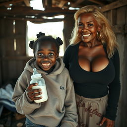 In an abandoned, impoverished shack, a vivid scene unfolds featuring a malnourished 19-year-old African woman with very dark skin