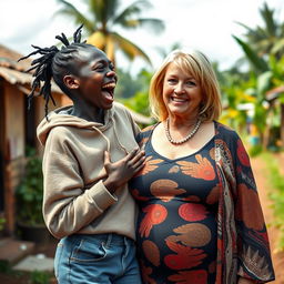 In a vibrant African village, a whimsical and surreal scene unfolds