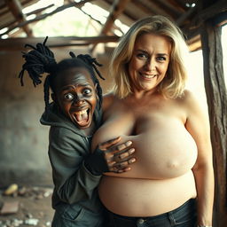 Inside an abandoned shack in Africa, a whimsical and surreal scene unfolds