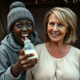 In a poor African village, a young African woman, 19 years old with very dark skin, is holding a baby bottle filled with milk, her eyes wide open in a mix of madness and desperation