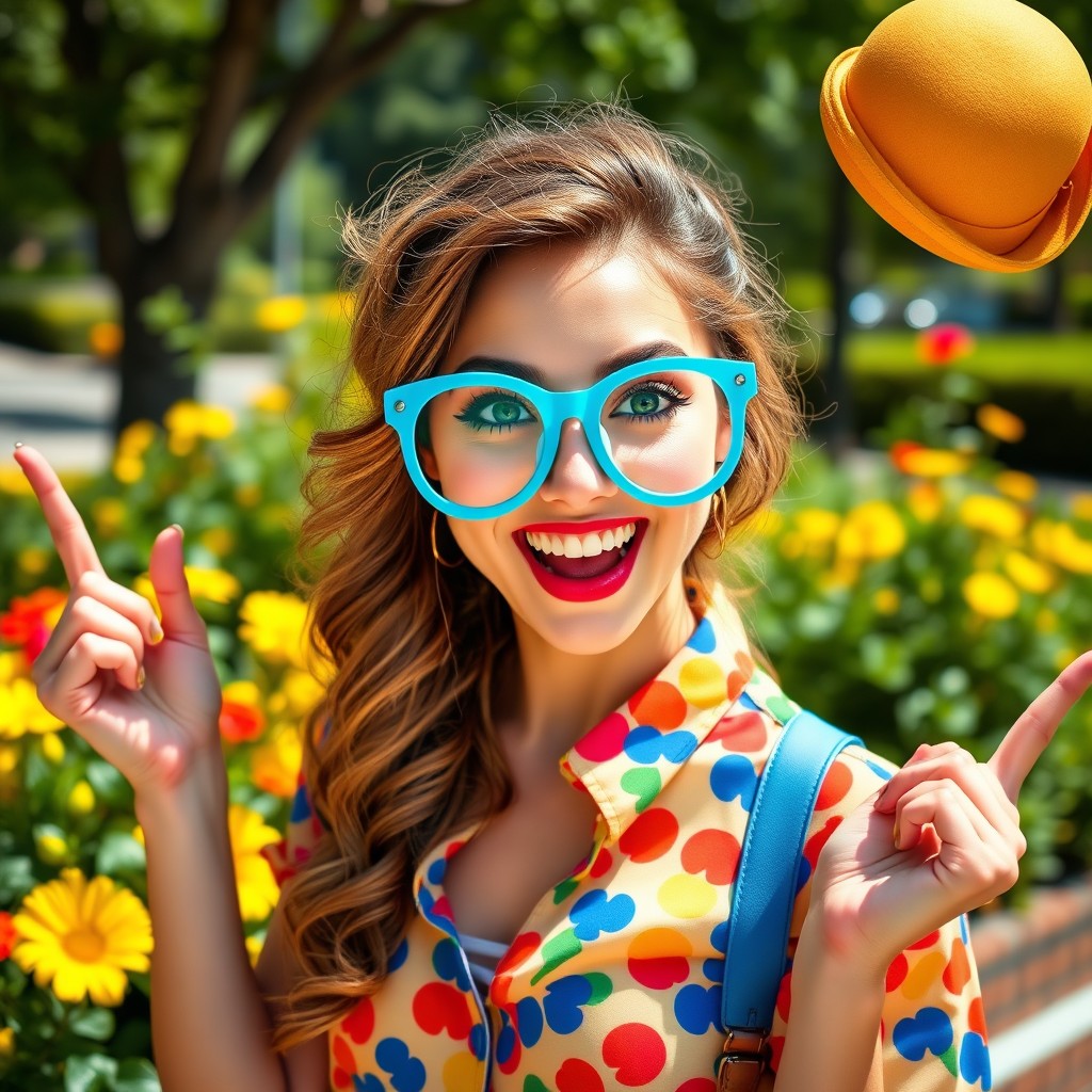 A hilarious and attractive young woman with a cheeky smile, wearing a colorful, quirky outfit that reflects her fun personality