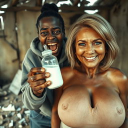 In an abandoned poor shack in Africa, a manic 18-year-old African woman with very dark skin holds a baby bottle filled with milk, her eyes wide open in a dramatic expression