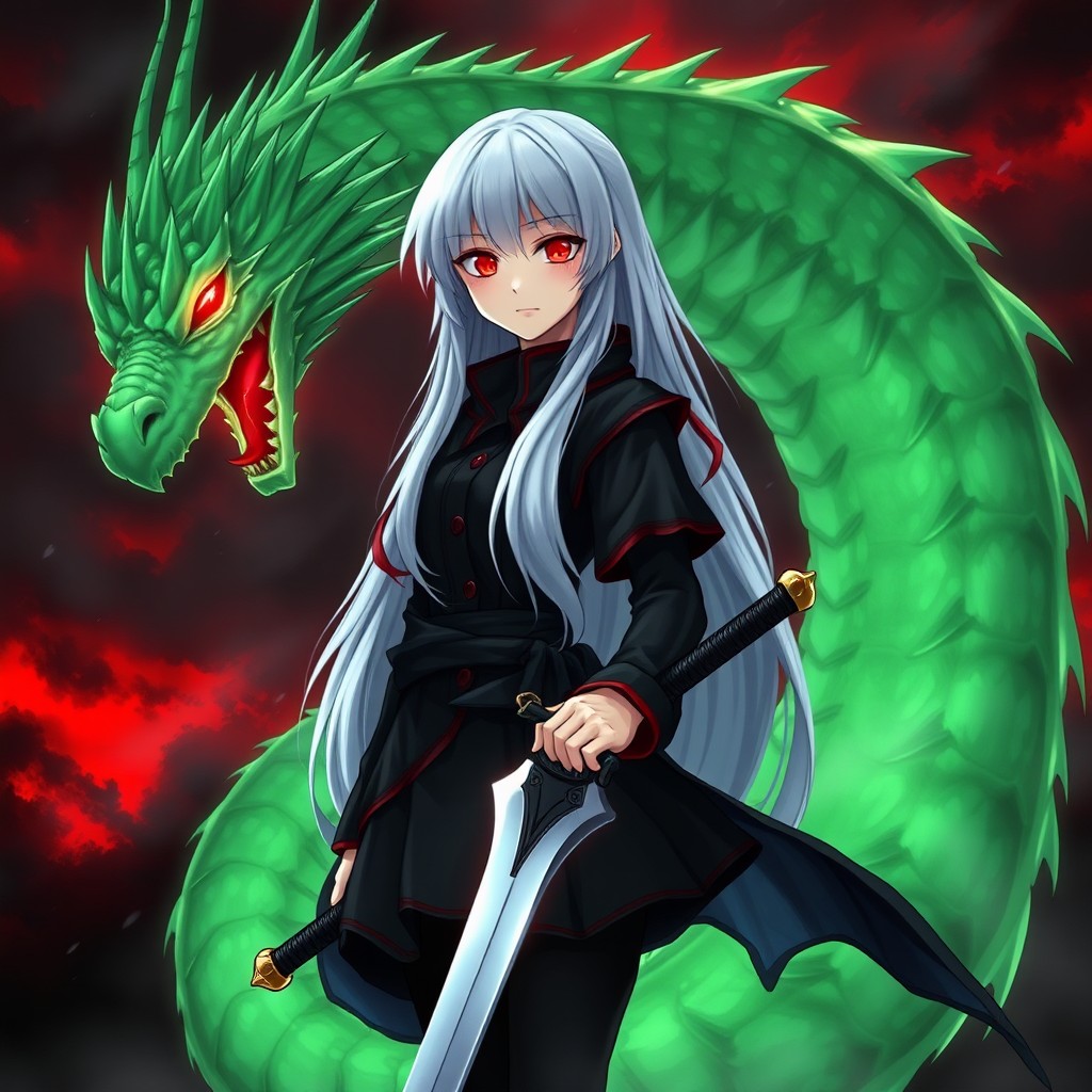 In the midst of darkness, a girl with long white hair stands confidently, her glowing red eyes fixed ahead with a cold aura
