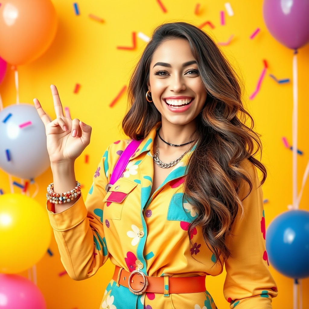 A cheerful and attractive young woman with a playful smile, dressed in a colorful and stylish outfit that reflects her fun personality