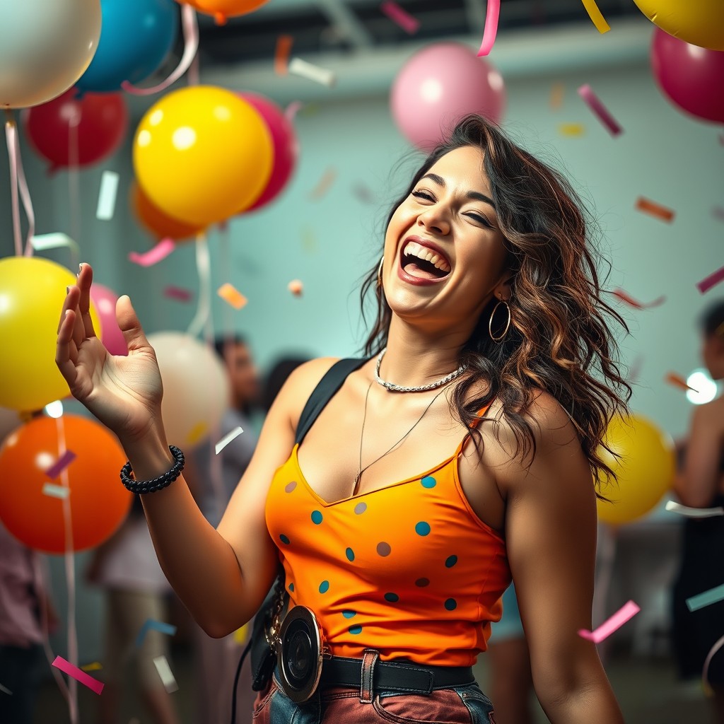 A playful and hilarious attractive woman laughing, wearing a trendy outfit, with vibrant colors, showcasing her charismatic personality