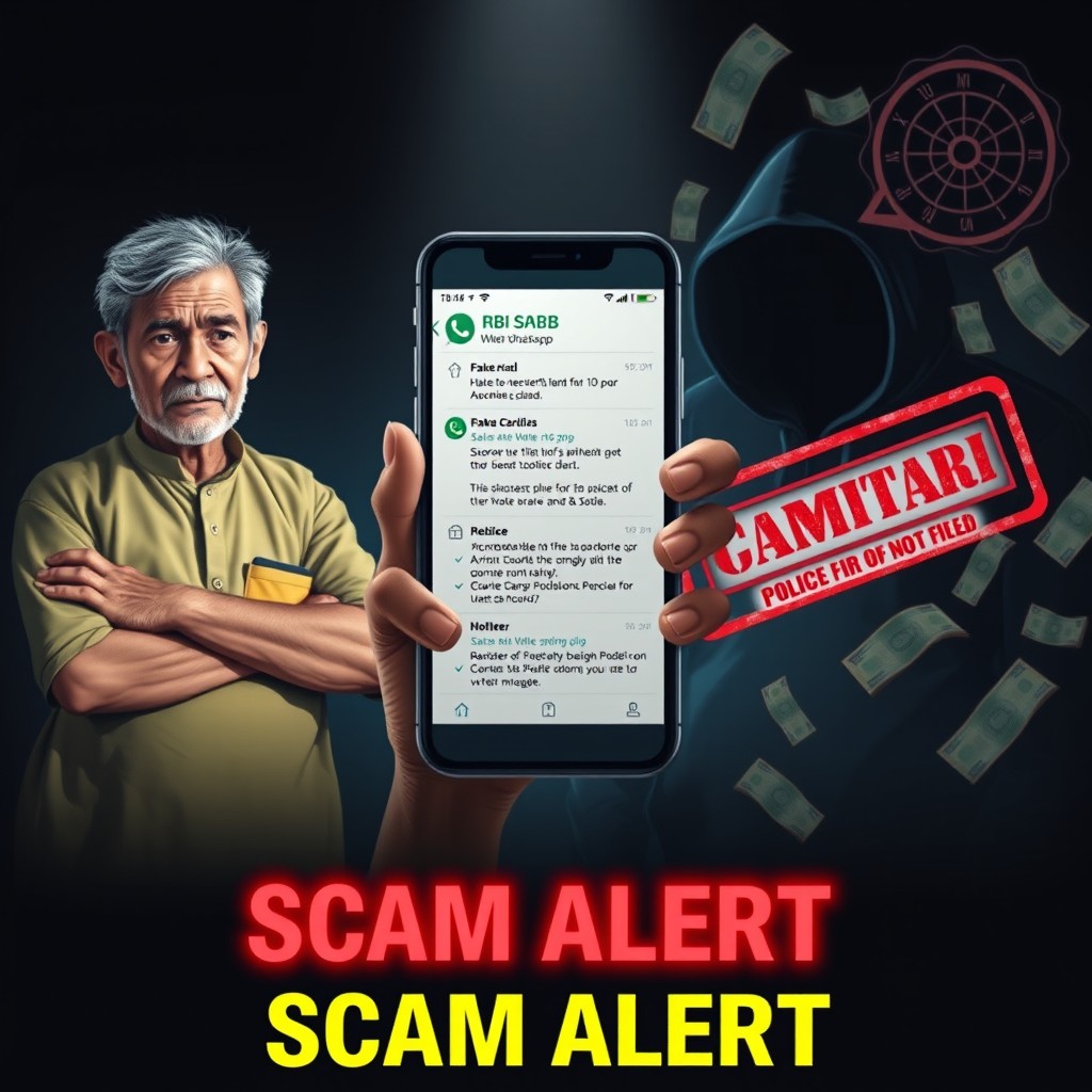 A dark and dramatic news-style thumbnail featuring a central smartphone screen glowing with a fake RBI certificate and scammer’s WhatsApp messages