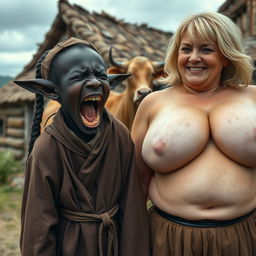 In a poor medieval village beside a cow, a unique scene unfolds featuring a very short, malnourished African black female dwarf, 30 years old, with deep dark skin