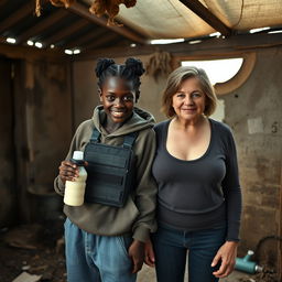 Inside an abandoned, rundown shack, a malevolent young African woman, 19 years old, stands with a sinister smile
