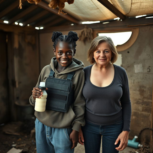 Inside an abandoned, rundown shack, a malevolent young African woman, 19 years old, stands with a sinister smile