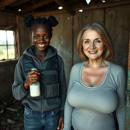 Inside an abandoned and rundown shack, a malicious-looking young African woman, 19 years old, stands with a sinister smile