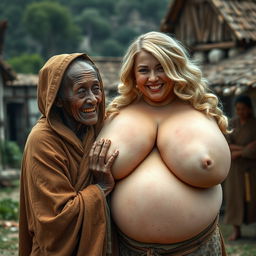 In a medieval village, a 60-year-old African woman, appearing malnourished with decayed teeth, is dressed in a long, closed Buddhist robe with a hood