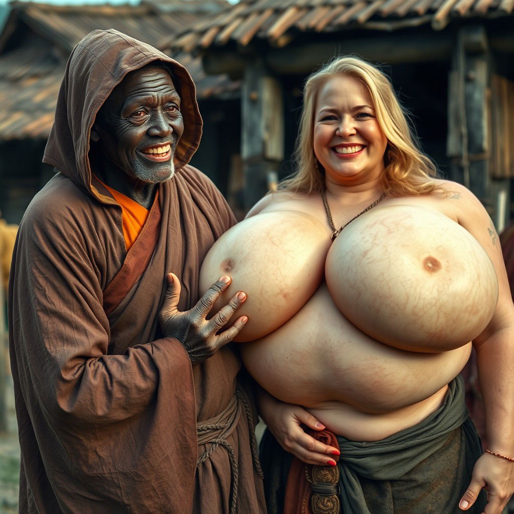 In a medieval village, a 50-year-old African woman, appearing malnourished with decayed teeth, is dressed in a long, fully closed Buddhist robe with a hood
