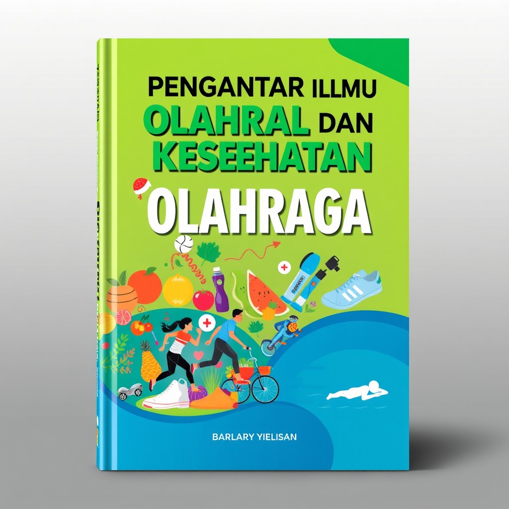 A book cover design for 'Pengantar Ilmu Olahraga dan Kesehatan', featuring a vibrant and dynamic illustration symbolizing sports and health