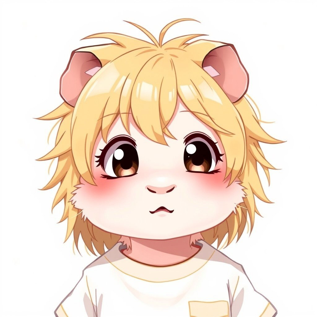 An anime-style guinea pig boy represented as a human, featuring a completely human-like face without any fur