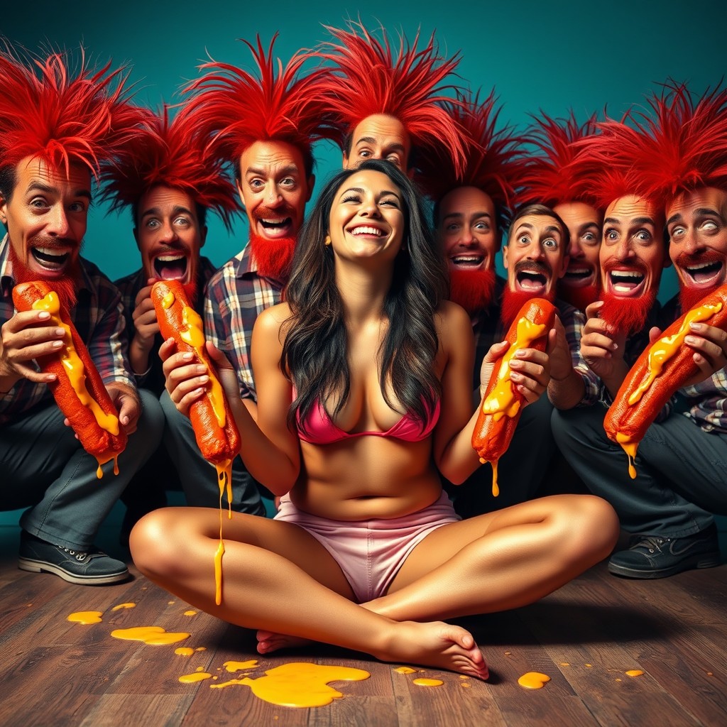 A vibrant and whimsical scene featuring a hot Latina woman, 18 years old, sitting criss-cross on the ground, smiling blissfully with her eyes closed