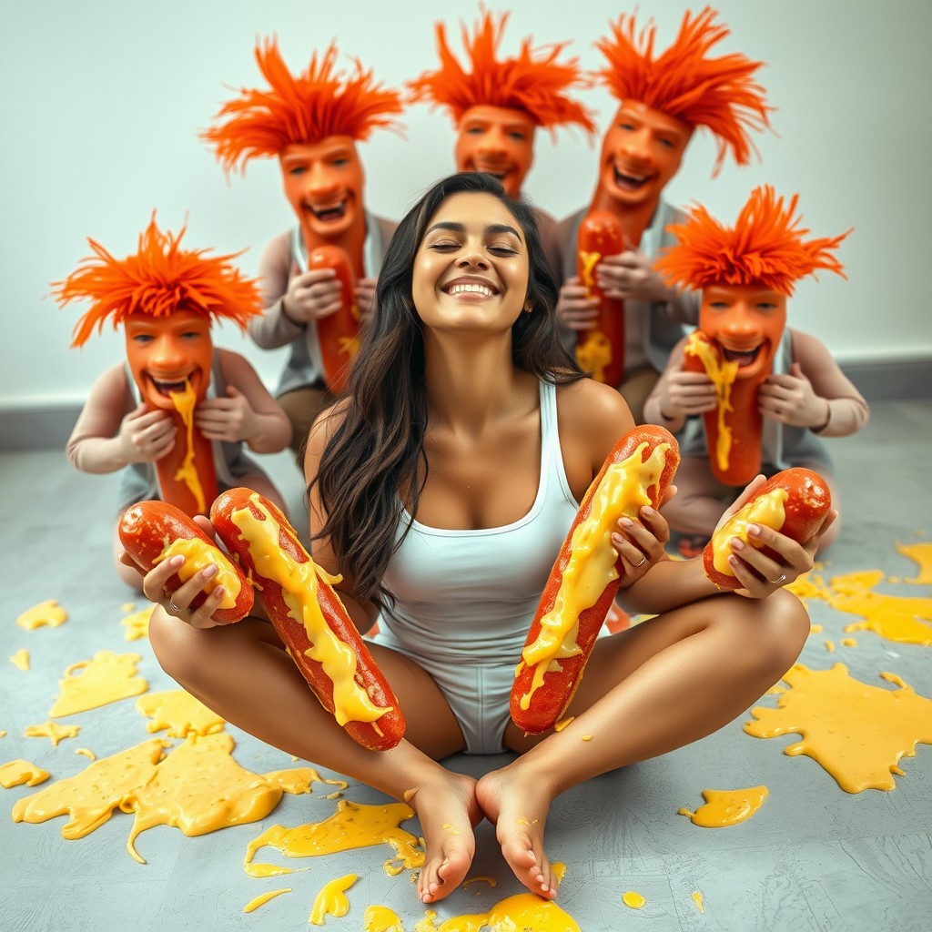 A stunning young Latina woman sitting crisscross on the ground, smiling blissfully with her eyes gently closed
