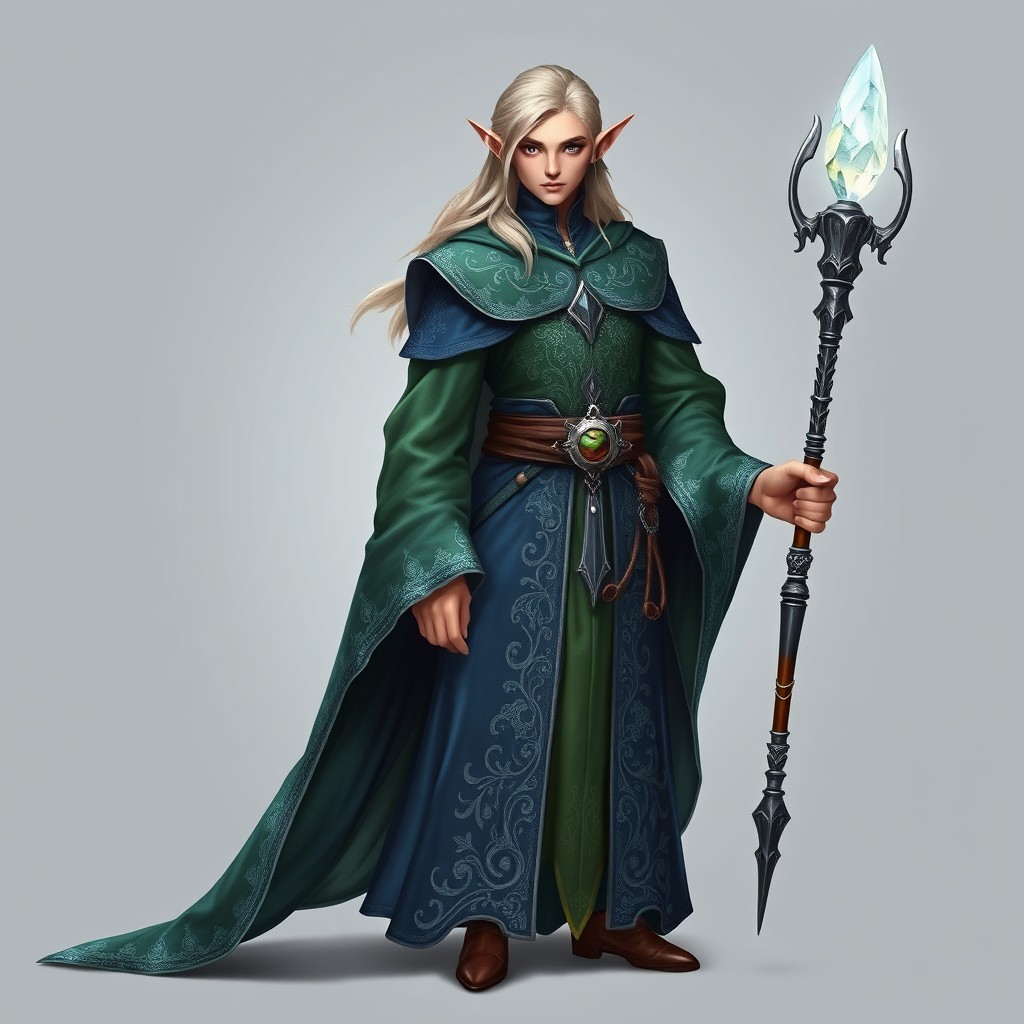 A male elf wizard stands confidently against a soft gray background, adorned in beautifully intricate clothing that showcases rich textures and elegant patterns