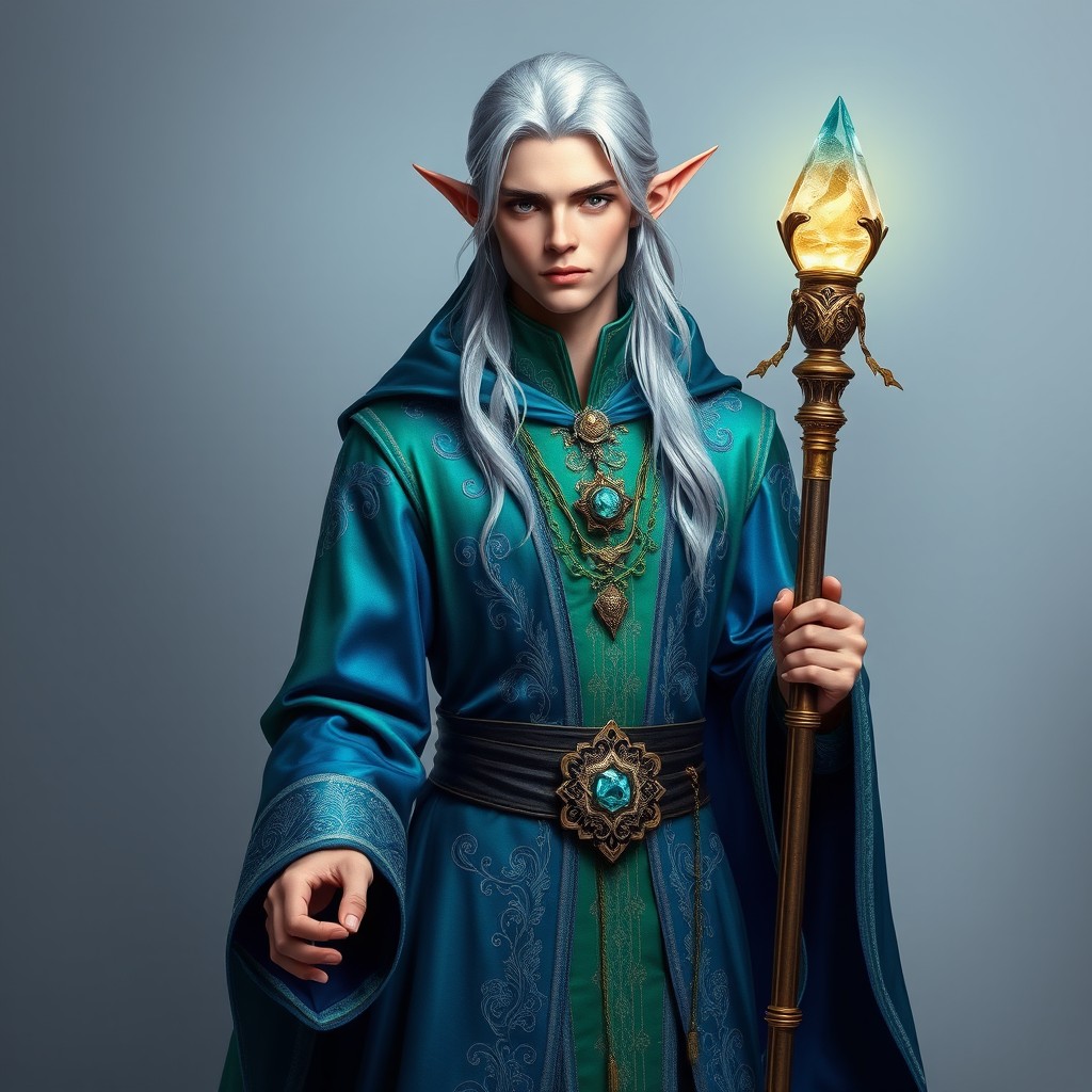 A male elf wizard stands elegantly against a smooth gray background, dressed in exquisite attire that reflects a magical aura