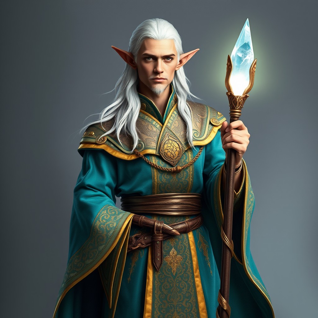 A male elf wizard stands majestically against a smooth gray background, dressed in beautifully crafted clothing that emphasizes his magical prowess