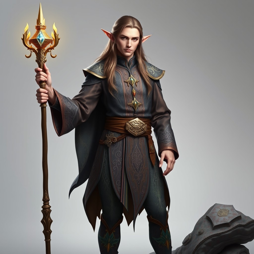 An impressive male elf wizard standing confidently against a soft gray background