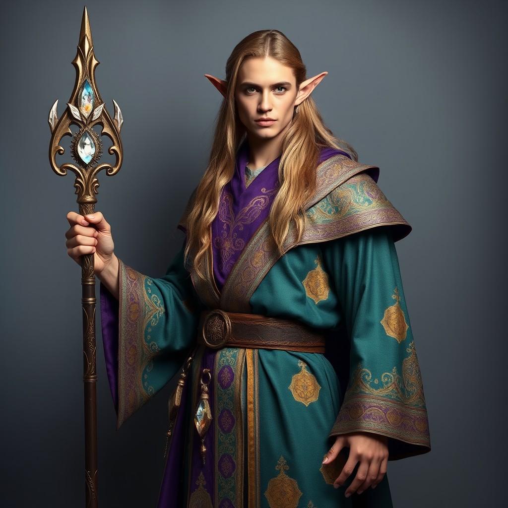 A captivating male elf wizard standing elegantly against a smooth gray background
