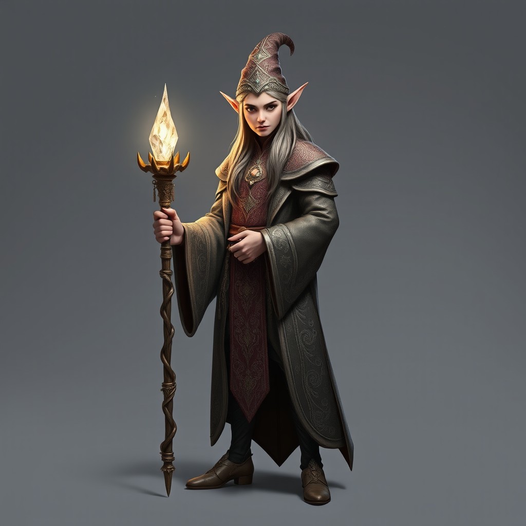 An elf wizard standing confidently against a soft gray background