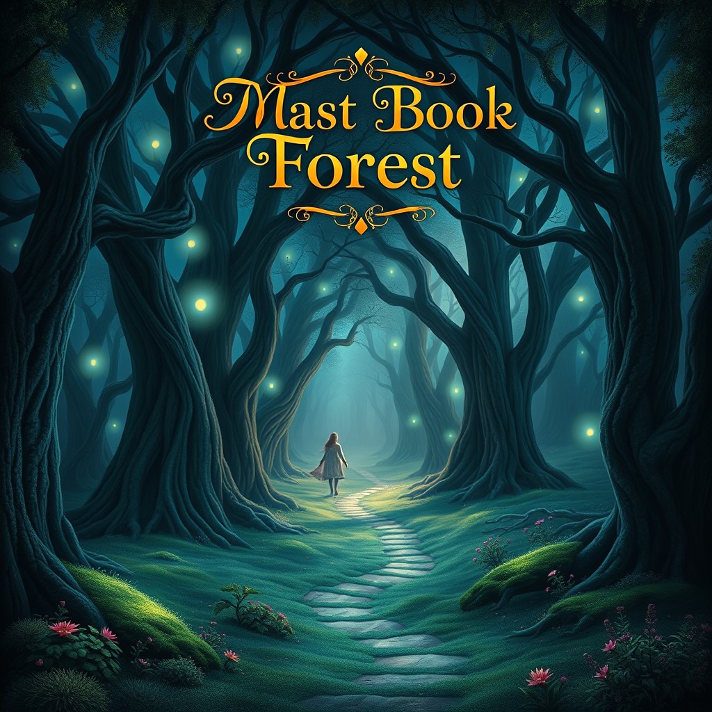 Design a captivating book cover featuring a mystical forest at twilight, with ancient, towering trees, and ethereal glowing lights hovering amongst the branches