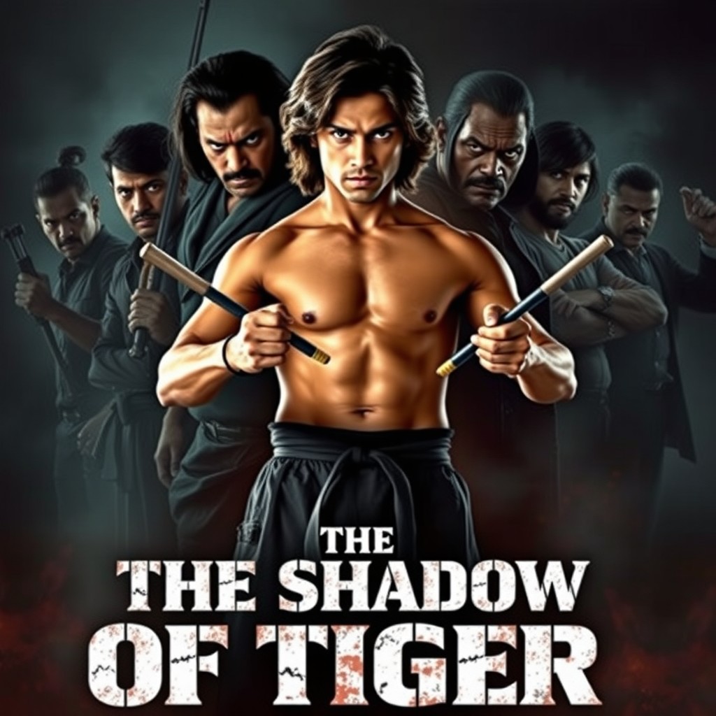 A dynamic and thrilling martial arts action adventure scene featuring a young Indian hero, 22 years old, with shoulder-length hair, standing confidently in the center
