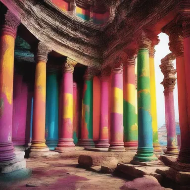 The sacred temple, once vibrant with color, had now succumbed to age and appeared with a dull dinge, symbolizing the passage of time and devotion.