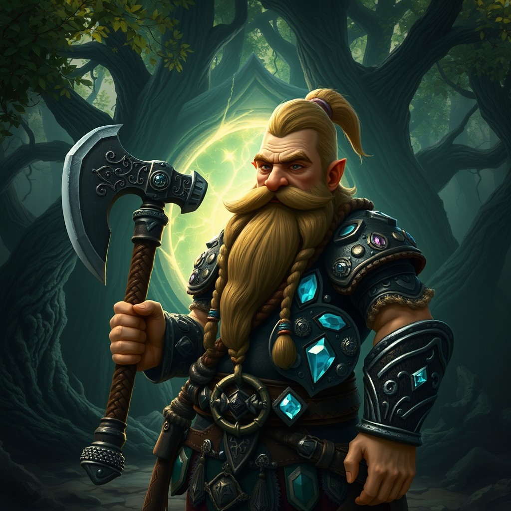 A dwarf character in a fantasy setting, wearing intricate armor adorned with gemstones and a great axe slung across his back