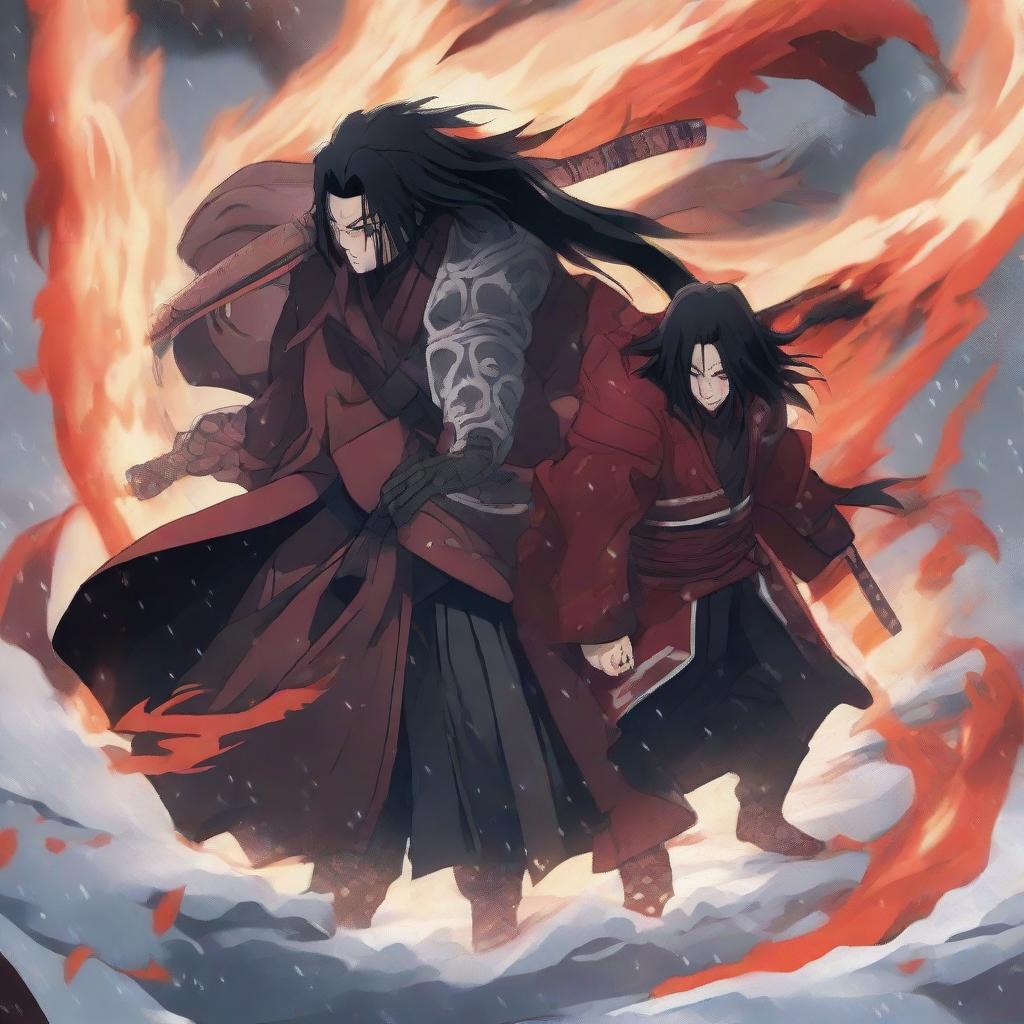 Epic anime battle between Madara Uchiha, unyielding in the falling snow, and Hashirama Senju, standing strong amidst roaring flames. Both are in traditional samurai armor, their intense gazes locked in their legendary rivalry.