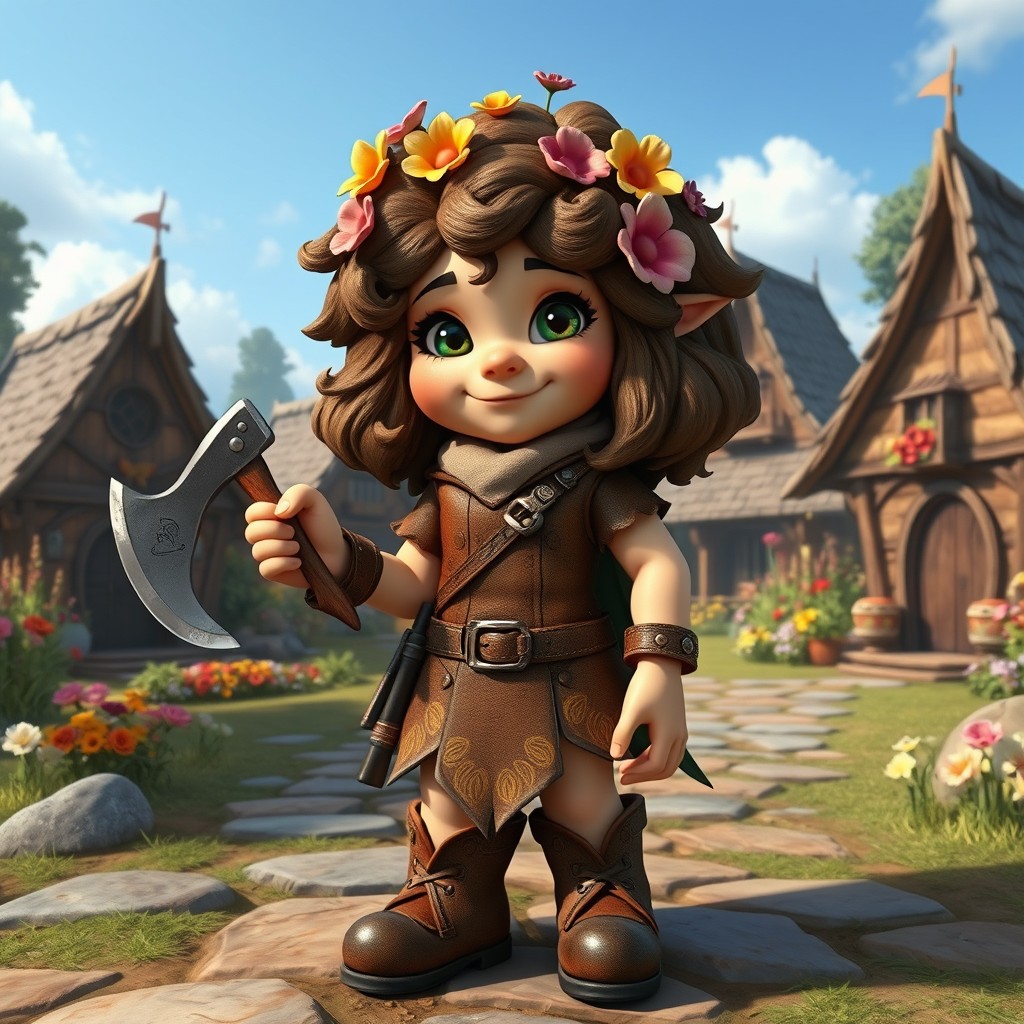 A dwarf girl in a fantasy realm, showcasing her unique features such as short stature and a playful smile