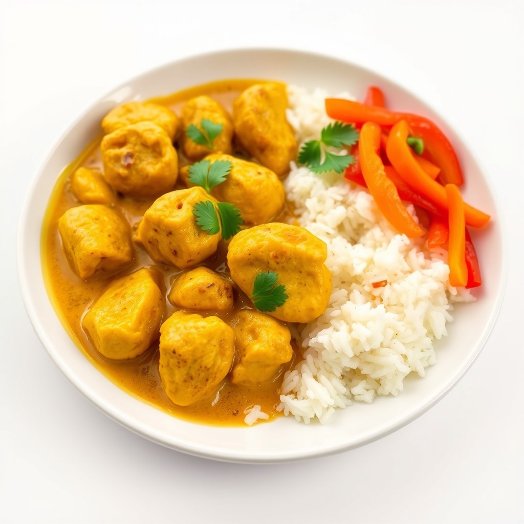 An appetizing curry chicken meal presented on a white plate, featuring tender pieces of chicken simmered in a rich, golden yellow curry sauce