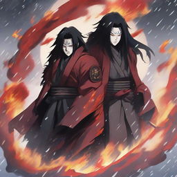 Epic anime battle between Madara Uchiha, unyielding in the falling snow, and Hashirama Senju, standing strong amidst roaring flames. Both are in traditional samurai armor, their intense gazes locked in their legendary rivalry.