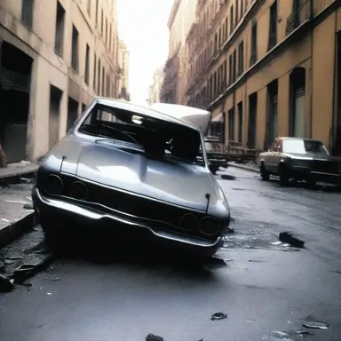 The car's collision with a wall dinged the hood, creating a dramatic effect in the action movie.