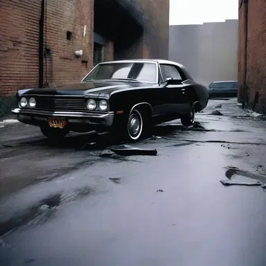 The car's collision with a wall dinged the hood, creating a dramatic effect in the action movie.