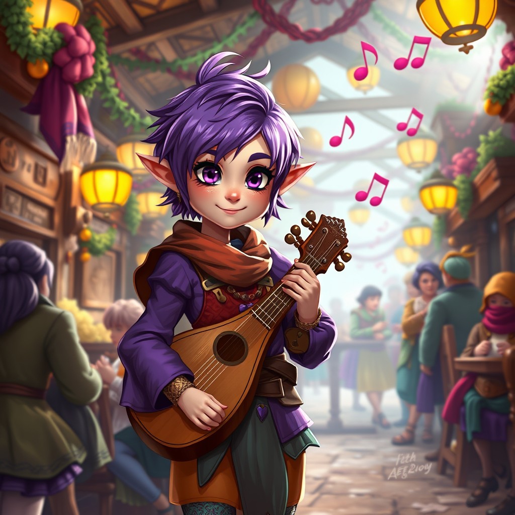A female halfling bard with short, vibrant purple hair and striking purple eyes