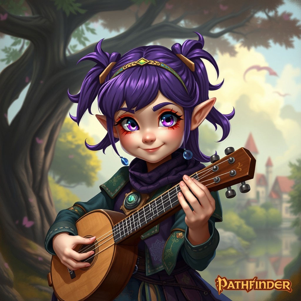 A female halfling bard with playful purple pigtails and captivating purple eyes