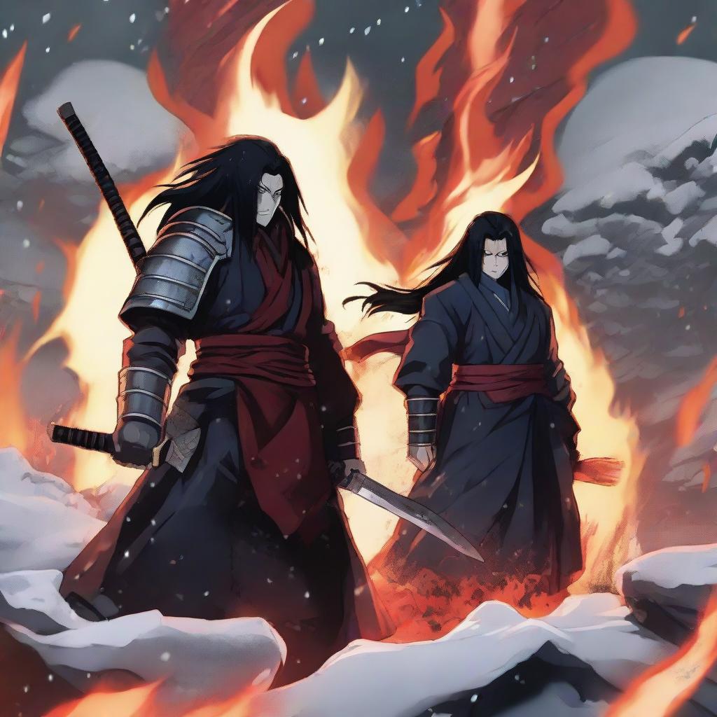 Epic anime battle between Madara Uchiha, unyielding in the falling snow, and Hashirama Senju, standing strong amidst roaring flames. Both are in traditional samurai armor, their intense gazes locked in their legendary rivalry.