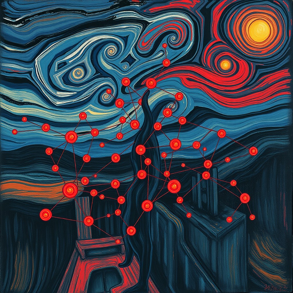 An evocative artwork depicting a neural network as if painted by Edvard Munch