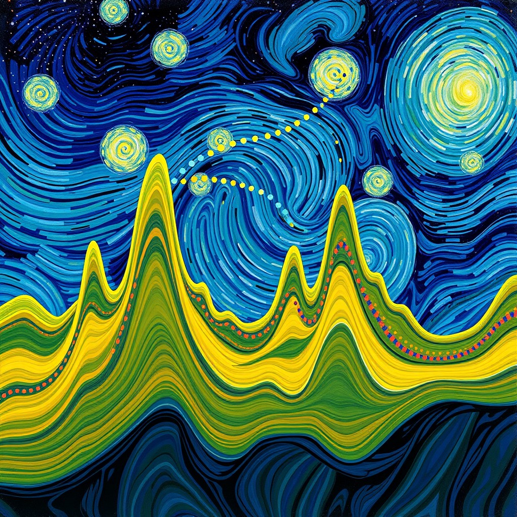 A vivid depiction of an ARIMA (AutoRegressive Integrated Moving Average) model, reimagined as if painted by Vincent van Gogh
