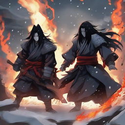 Epic anime battle between Madara Uchiha, unyielding in the falling snow, and Hashirama Senju, standing strong amidst roaring flames. Both are in traditional samurai armor, their intense gazes locked in their legendary rivalry.