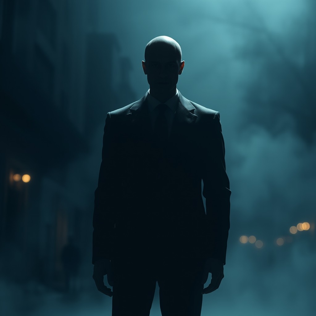 A mysterious figure of a man with no facial features, standing in a dimly lit environment