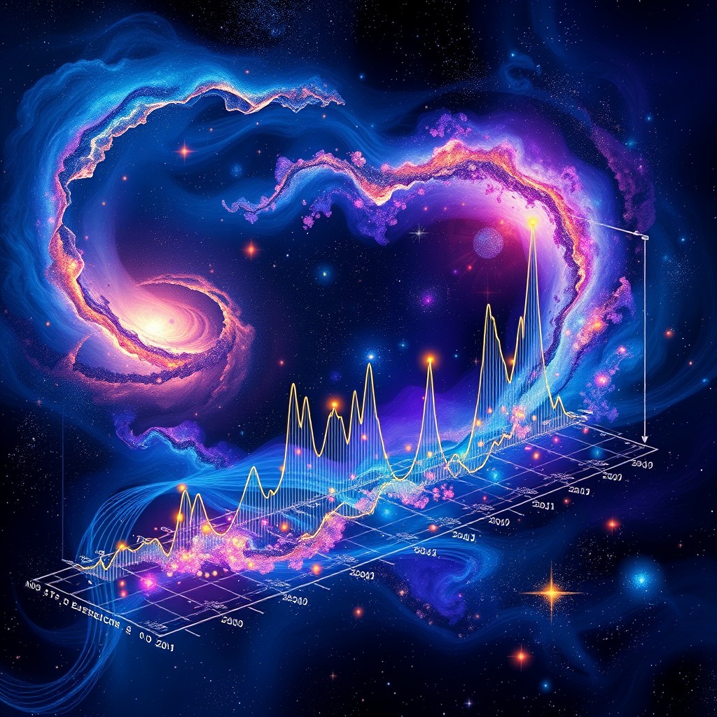 An abstract cosmic artwork depicting data distribution and outliers as an elevation graph, seamlessly integrated into a stunning space setting