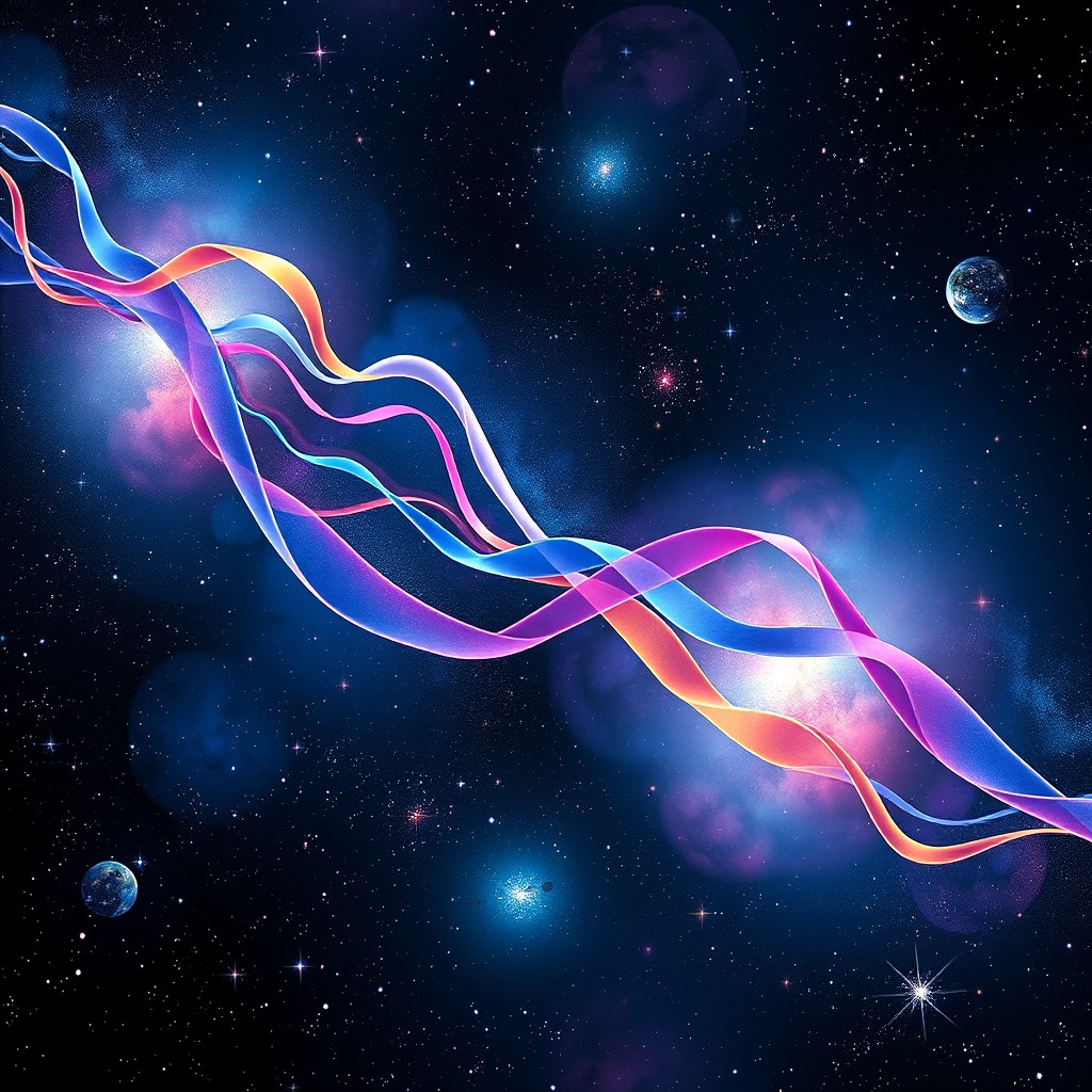 A visually stunning tie series analysis represented as an abstract cosmic landscape, set in space surrounded by twinkling stars and vibrant nebulas