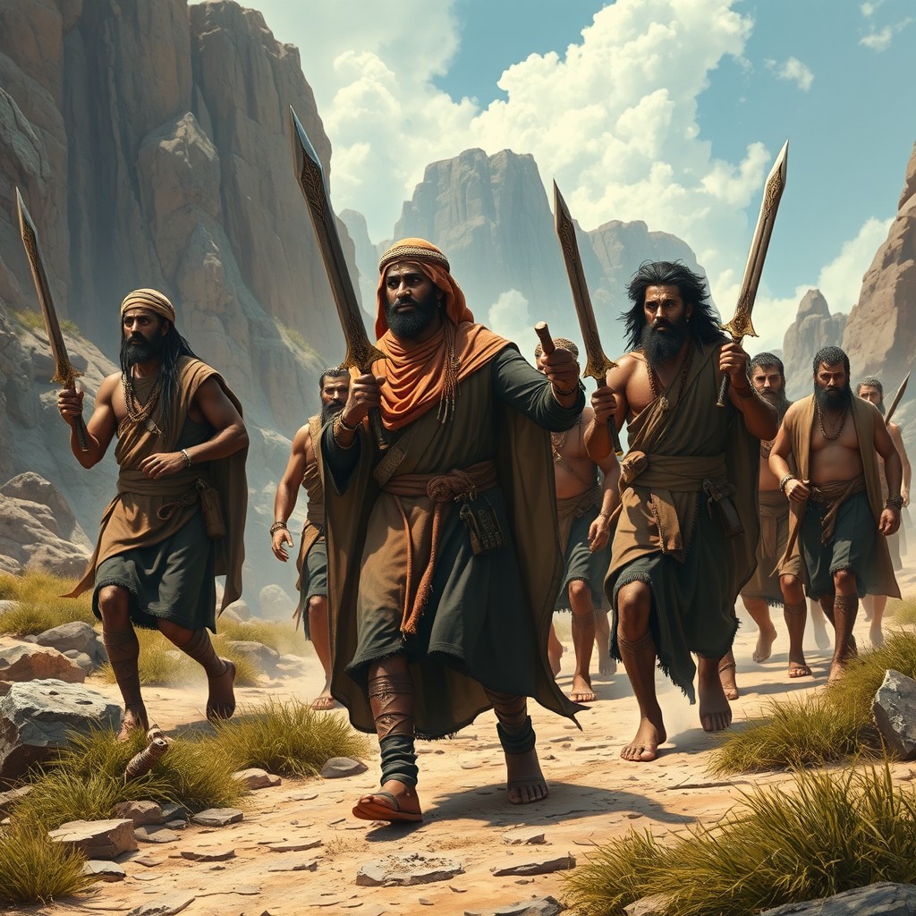 A fantastical scene depicting a group of black Muslim men in traditional attire, confidently leading white cavemen through a rugged, prehistoric landscape
