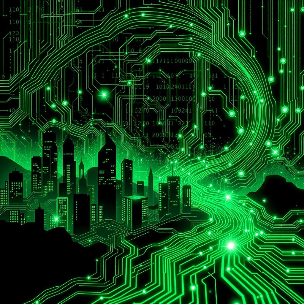 An artistic LinkedIn banner that captures the essence of machine learning, infused with a nostalgic 90s hacker movie vibe